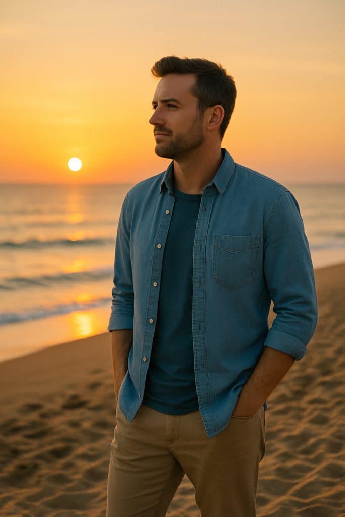 Ein Mann steht bei Sonnenuntergang mit den Händen in den Taschen an einem Sandstrand, trägt ein Jeanshemd über einem T-Shirt und Khakihosen und blickt nachdenklich zum Horizont, während die Sonne über dem Meer untergeht.