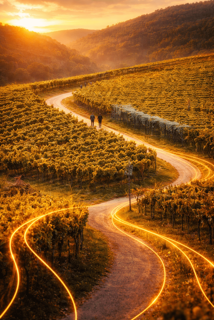 aivalley-01 Ein gewundener Weg durch einen Weinberg bei Sonnenuntergang mit leuchtenden Lichtspuren entlang der Straße.