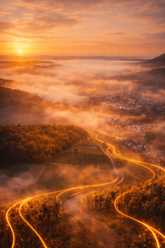 aivalley-02 Sonnenaufgang über einer nebligen Landschaft mit verschlungenen beleuchteten Wegen durch Felder und Bäume.