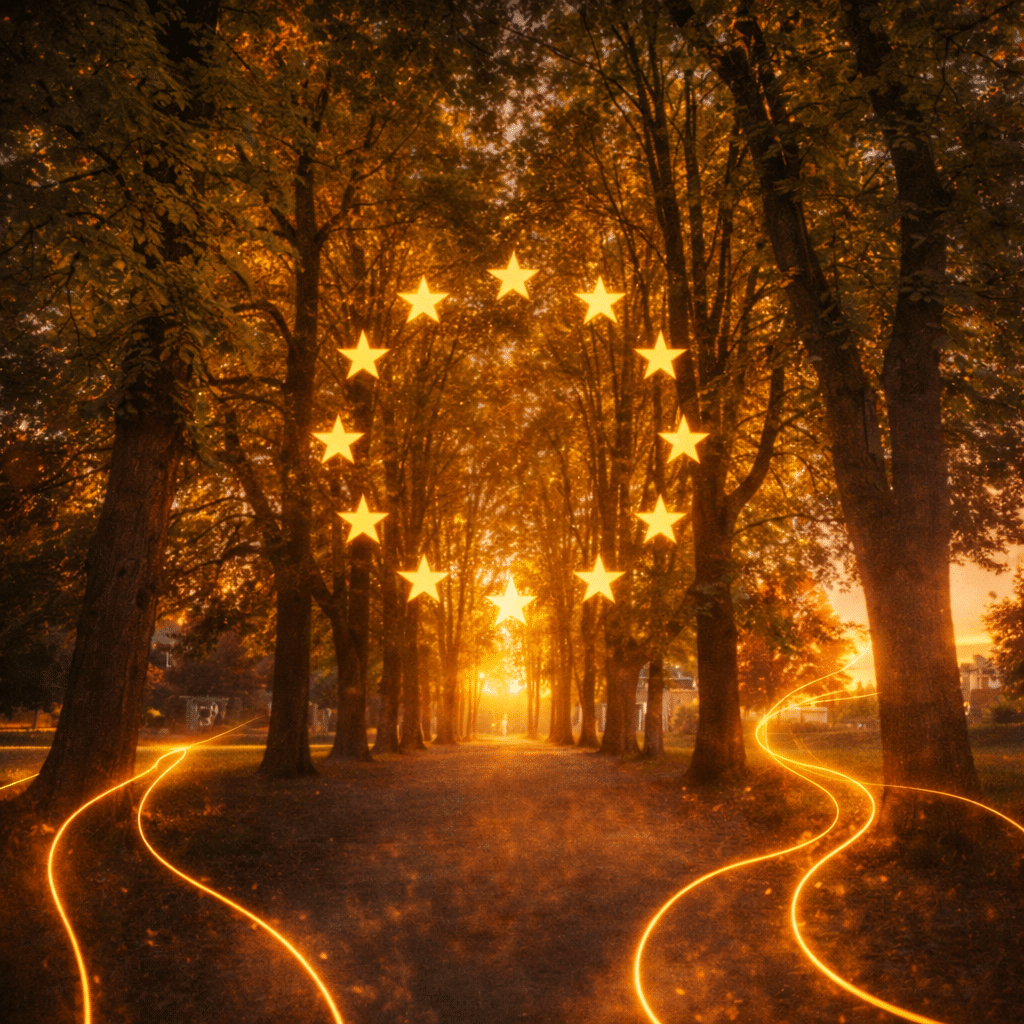 aivalley-ai-act Ein von Bäumen gesäumter Weg bei Sonnenuntergang mit leuchtenden Sternen, die einen Kreis über dem Kopf bilden.