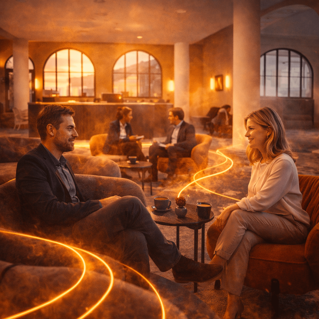 aivalley-teamarbeit Zwei Menschen sitzen in einer Lounge mit warmer Beleuchtung und leuchtenden Linien um sie herum und unterhalten sich.