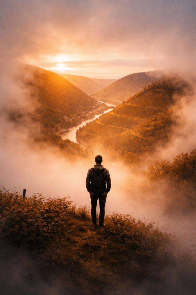 erst-du-dann-unternehmen-1 Eine Person steht auf einem Hügel und überblickt ein Flusstal bei Sonnenaufgang mit Nebel und Hügeln.