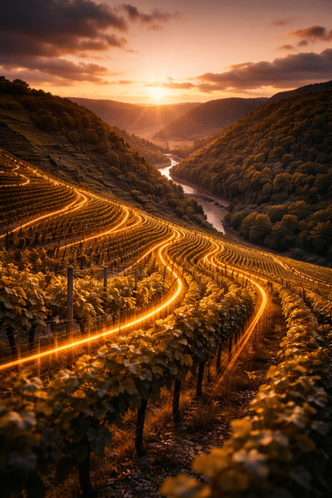 erst-du-dann-unternehmen-2 Sonnenuntergang über den Weinbergen mit leuchtenden Lichtspuren entlang der Weinberge und einem darunter liegenden Fluss.